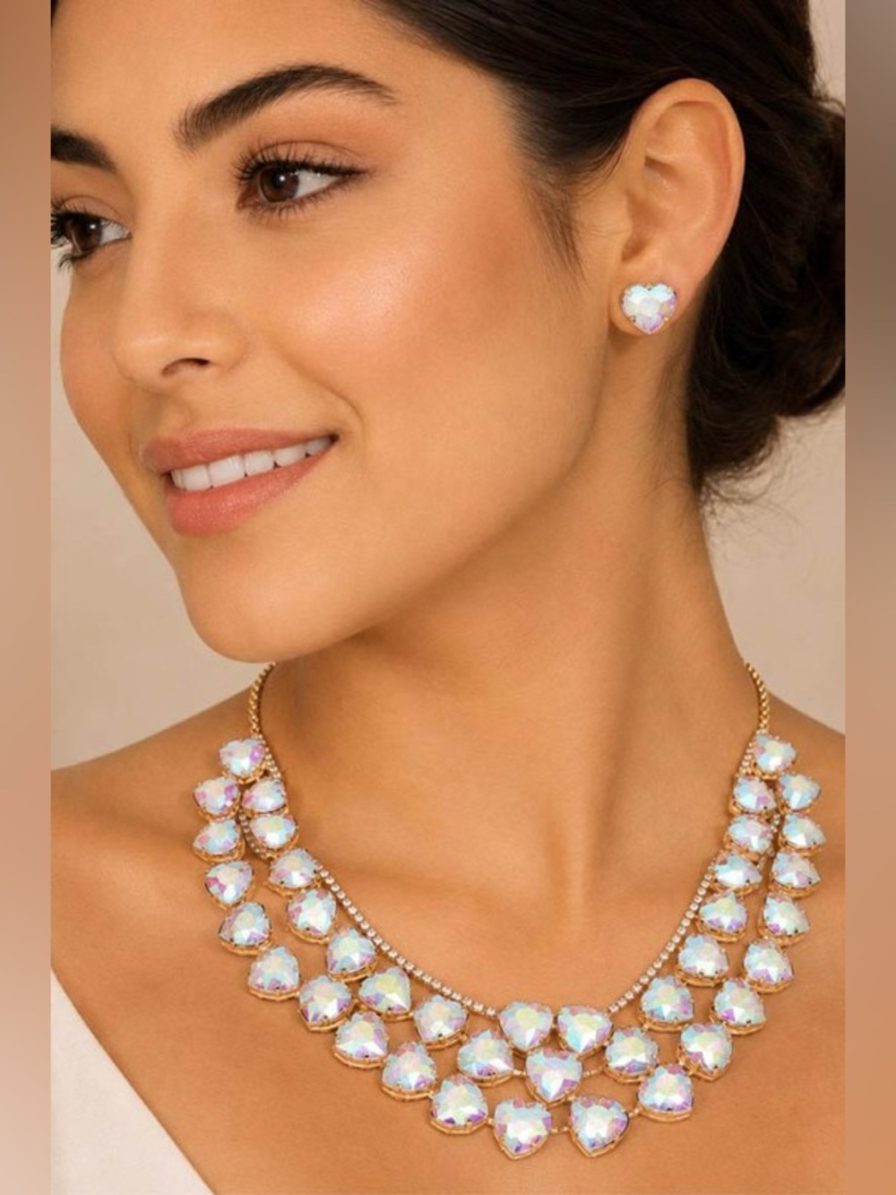 Clear Ab crystal evening stone heart statement rhinestone beaded necklace se